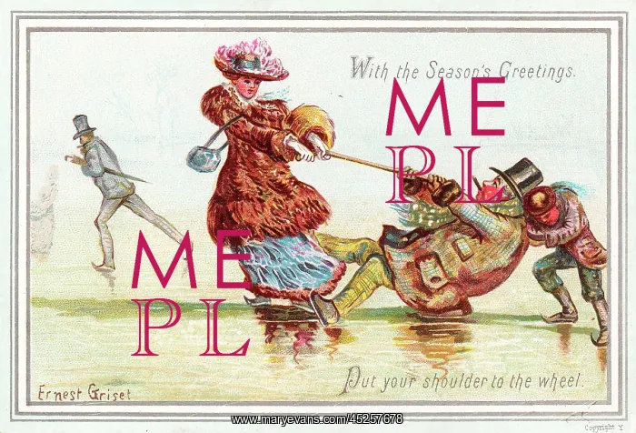 : People on the ice on a comic Christmas card : People on the ice on a comic Christmas card