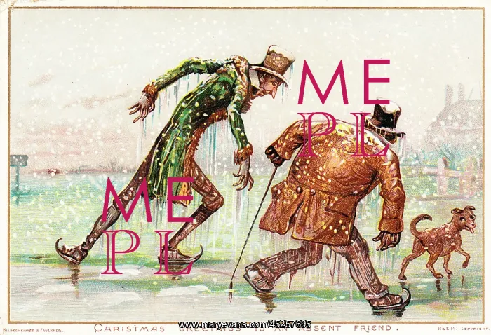 : People on the ice on a comic Christmas card : People on the ice on a comic Christmas card