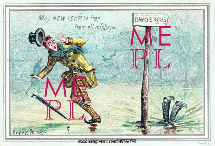 : People on the ice on a comic New Year card : People on the ice on a comic New Year card