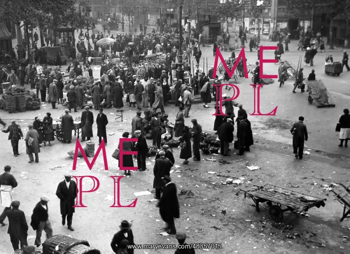 : People on an empty market square in Paris, 1936 : People on an empty market square in Paris, 1936