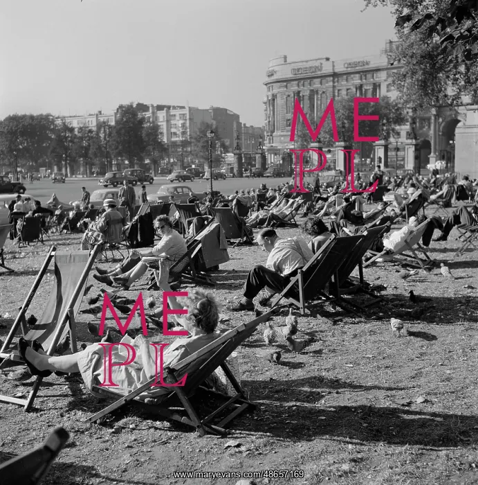 : People relax on deck chairs amongst pigeons in Hyde Park : People relax on deck chairs amongst pigeons in Hyde Park