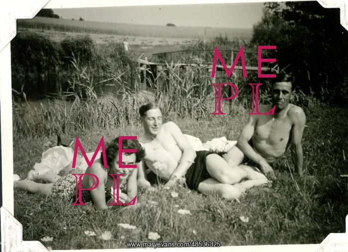 : Three people relaxing, Lessingen, Germany, WW2 : Three people relaxing, Lessingen, Germany, WW2