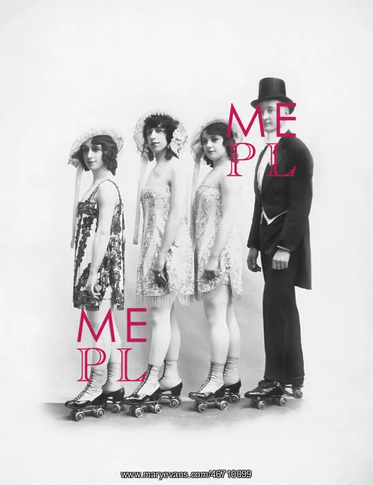 : Four people on roller-skates standing in a line : Four people on roller-skates standing in a line