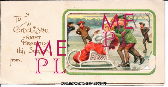  : People skating and sleighing on a Christmas card