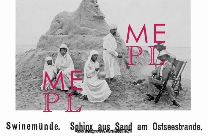 : People in front of a Sphinx sand castle on Usedom, 1905 : People in front of a Sphinx sand castle on Usedom, 1905