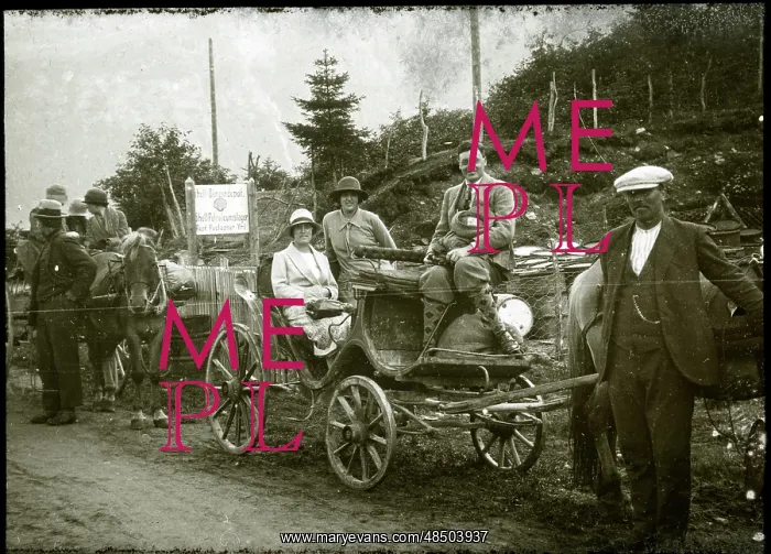 : People on a trip in two horse-drawn carriages : People on a trip in two horse-drawn carriages