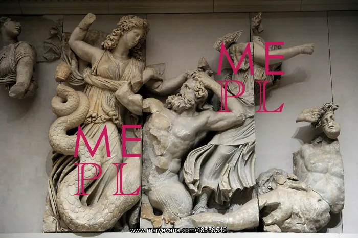 : Pergamon Altar. The three Moirai, goddesses of fate, kill th : Pergamon Altar. The three Moirai, goddesses of fate, kill th