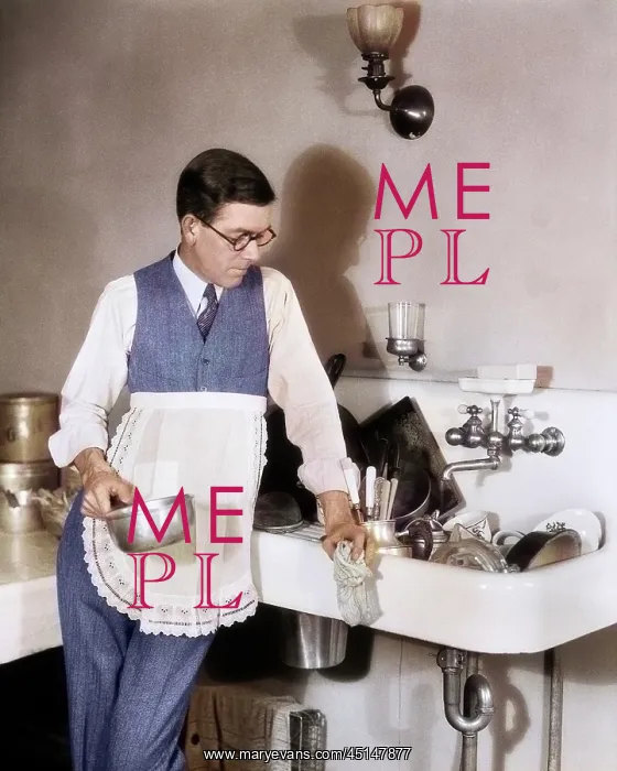 : Perplexed Man in Apron Leaning on Sink Full of : Perplexed Man in Apron Leaning on Sink Full of