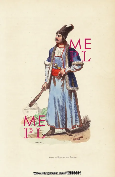 : Persian man in fur hat and jacket, carrying : Persian man in fur hat and jacket, carrying