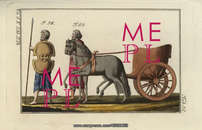 : Persian with spear and shield, and a Persian chariot : Persian with spear and shield, and a Persian chariot
