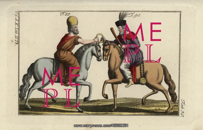 : Two Persians on horseback clutching a brass : Two Persians on horseback clutching a brass