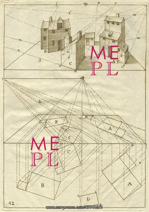 : Perspective drawing of three buildings : Perspective drawing of three buildings