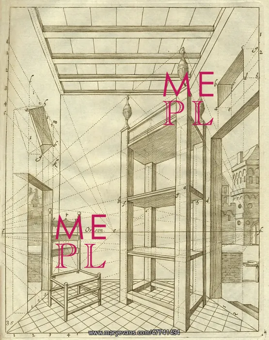 : Perspective drawing of room with chair and shelves : Perspective drawing of room with chair and shelves