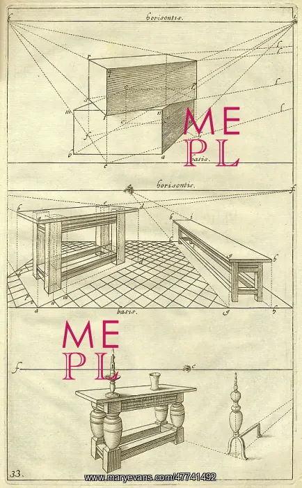 : Perspective drawing of table and bench : Perspective drawing of table and bench