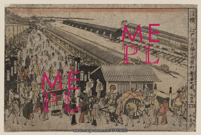 : Perspective print of the market on Odawaracho at Nihonbashi : Perspective print of the market on Odawaracho at Nihonbashi