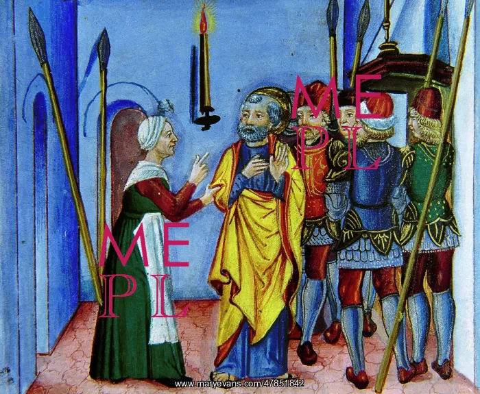 : Peter, discovered by a servant, denies knowing Jesus : Peter, discovered by a servant, denies knowing Jesus