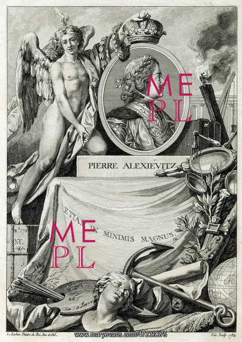 : PETER I (the Great) crowned by fame, and depicted with attributes testifying : PETER I (the Great) crowned by fame, and depicted with attributes testifying