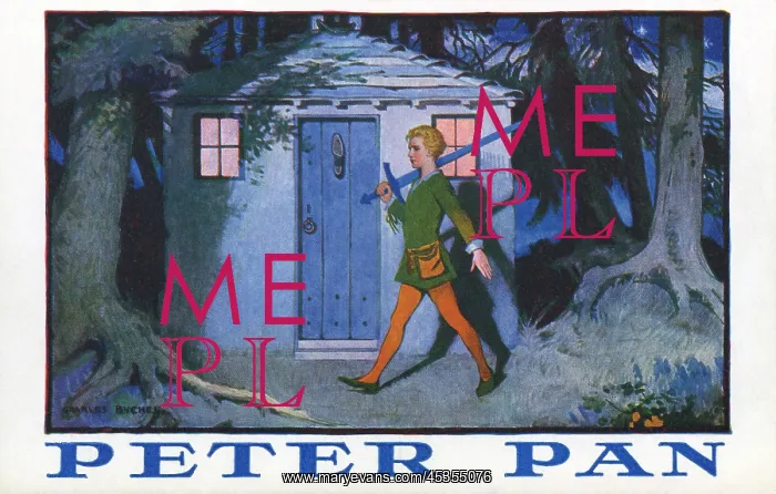 : Peter Pan. Postcard illustration promoting the stage play of JM Barrie's : Peter Pan. Postcard illustration promoting the stage play of JM Barrie's