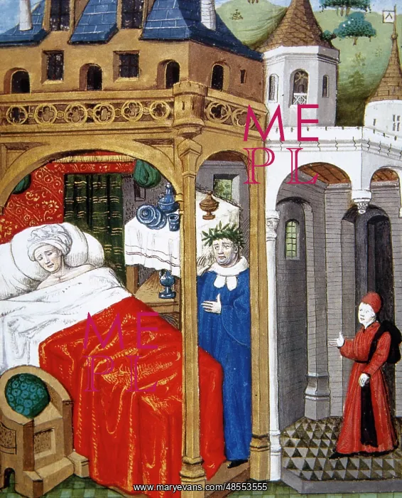 : Petrarch appears in dreams to Boccaccio. Miniature in Book o : Petrarch appears in dreams to Boccaccio. Miniature in Book o