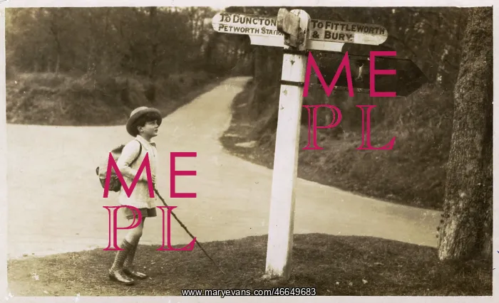 : Petworth - Young boy checking his directions on a signpost : Petworth - Young boy checking his directions on a signpost