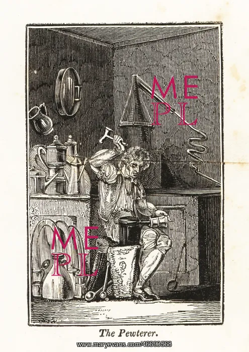 : Pewterer hammering a pewter mug on an anvil in his workshop : Pewterer hammering a pewter mug on an anvil in his workshop