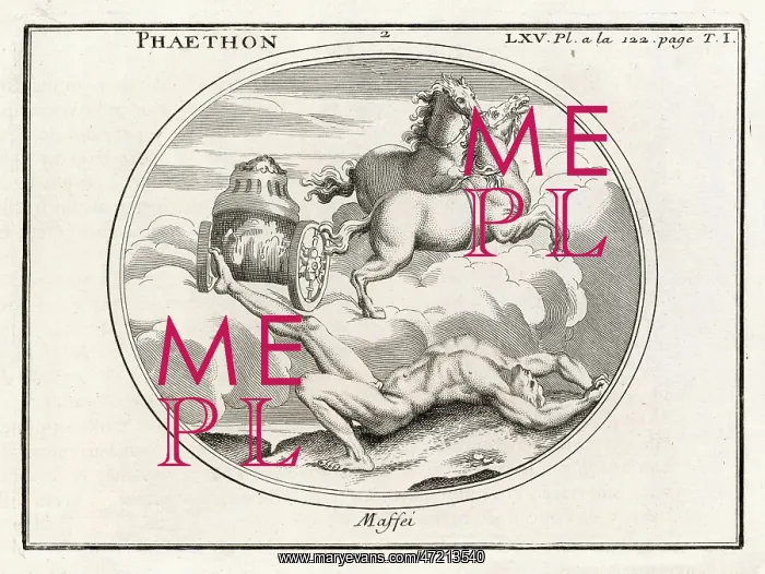 : Phaethon (or Phaeton), son of sun-god Helios, drives his father's chariot : Phaethon (or Phaeton), son of sun-god Helios, drives his father's chariot
