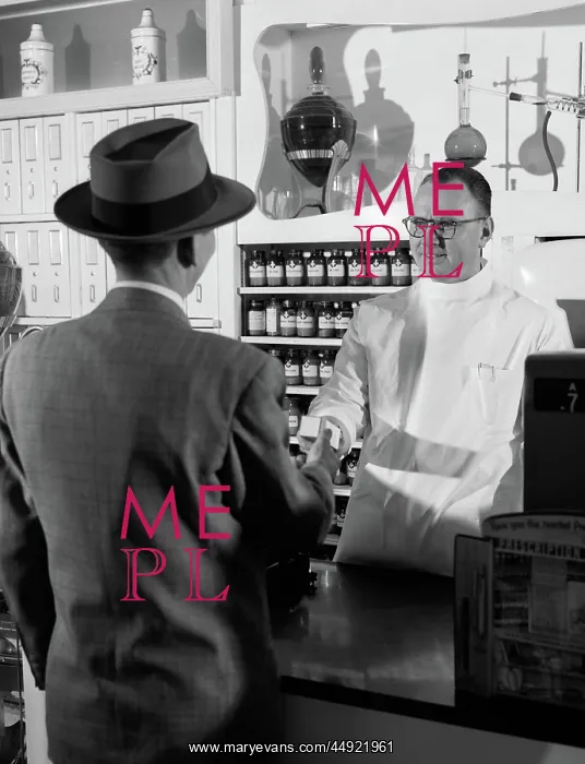 : Pharmacist giving prescription to man customer : Pharmacist giving prescription to man customer