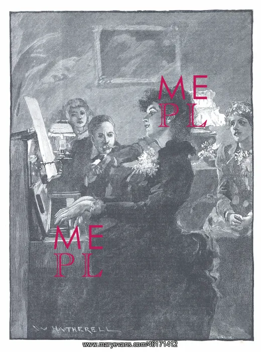 : Pianist. Victorian scene depicting a lively female pianist at the keyboard with onlookers : Pianist. Victorian scene depicting a lively female pianist at the keyboard with onlookers