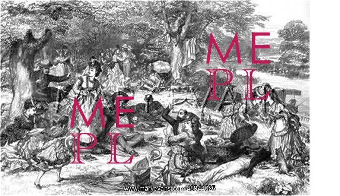 : A Picnic. Picnic scene showing a large party enjoying a picnic in a clearing near a river : A Picnic. Picnic scene showing a large party enjoying a picnic in a clearing near a river