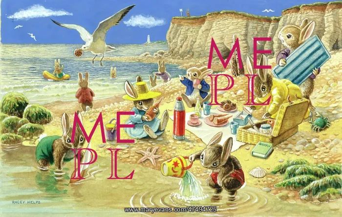 : Picnic on the Beach - rabbits at the seaside : Picnic on the Beach - rabbits at the seaside