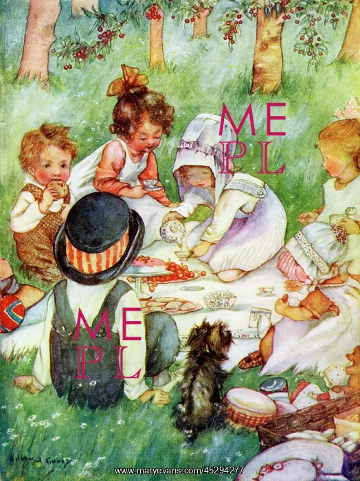  : Picnicing - Goup of children with their dolls and pets picnicing in the orchard
