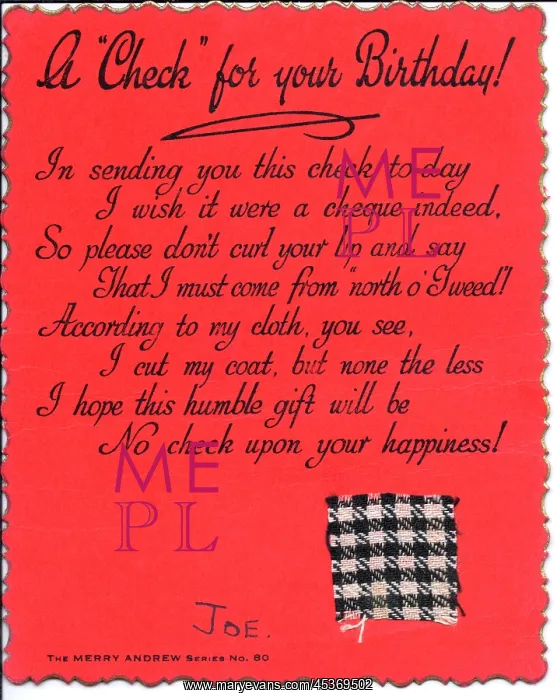 : Piece of checked cloth with comic verse on a birthday card : Piece of checked cloth with comic verse on a birthday card