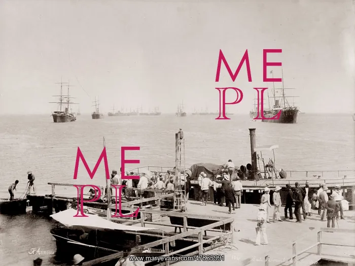 : Pier at Ismailia, steam launch and ships in the : Pier at Ismailia, steam launch and ships in the