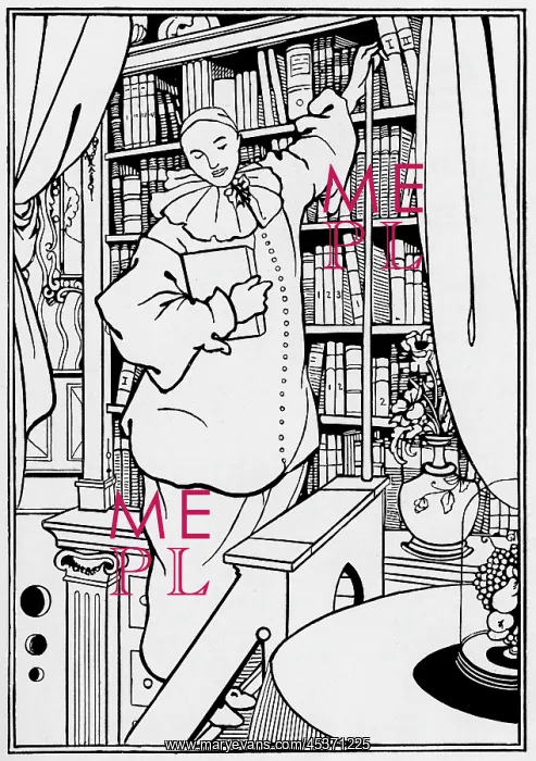  : Pierrot. Illustration of Pierrot beside bookcase. Artist: Aubrey Beardsley