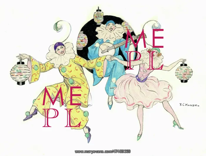 : Two pierrots and girl dancing with lanterns : Two pierrots and girl dancing with lanterns
