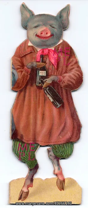 : Pig with bottles on a cutout Christmas card : Pig with bottles on a cutout Christmas card