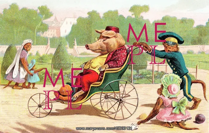 : Pig and monkeys in a park on a postcard : Pig and monkeys in a park on a postcard