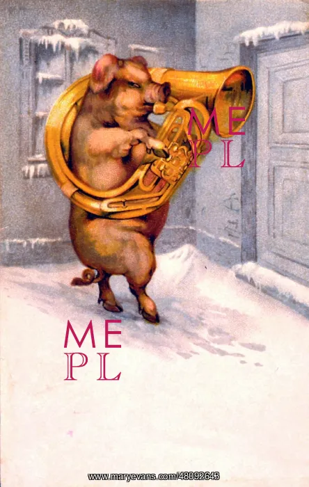 : Pig playing large brass instrument in the snow : Pig playing large brass instrument in the snow