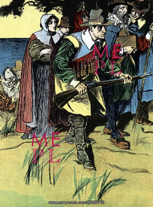 : Pilgrim Fathers advancing into America after crossing : Pilgrim Fathers advancing into America after crossing