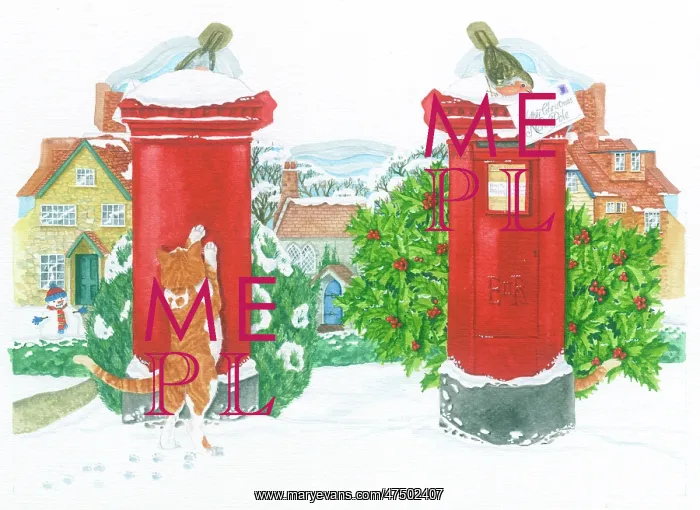 : Pillar box with robin posting a letter, and a cat : Pillar box with robin posting a letter, and a cat