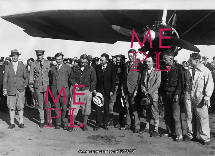 : Pilots in front of a Ford airplane after a test flight, 1927 : Pilots in front of a Ford airplane after a test flight, 1927