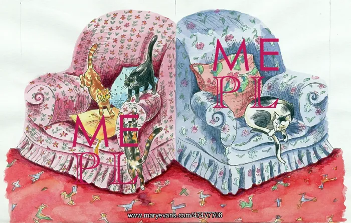  : Pink and blue arm chairs with four cats