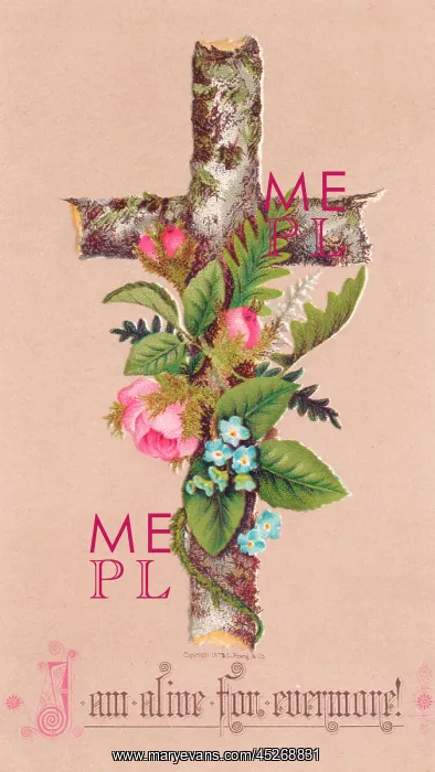  : Pink and blue flowers and a cross on an Easter card