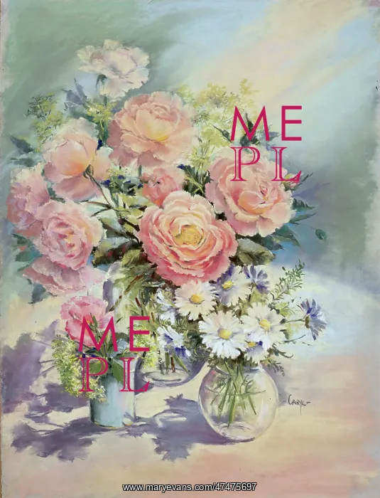  : Pink roses and daisies etc in three vases