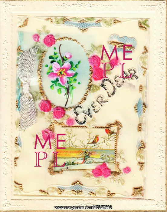  : Pink roses and robins on a greetings card