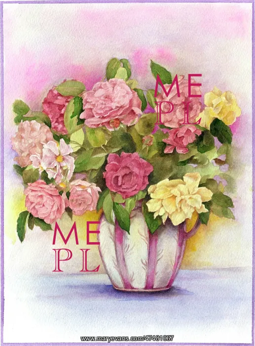 : Pink and Yellow Roses in a Striped Jug : Pink and Yellow Roses in a Striped Jug