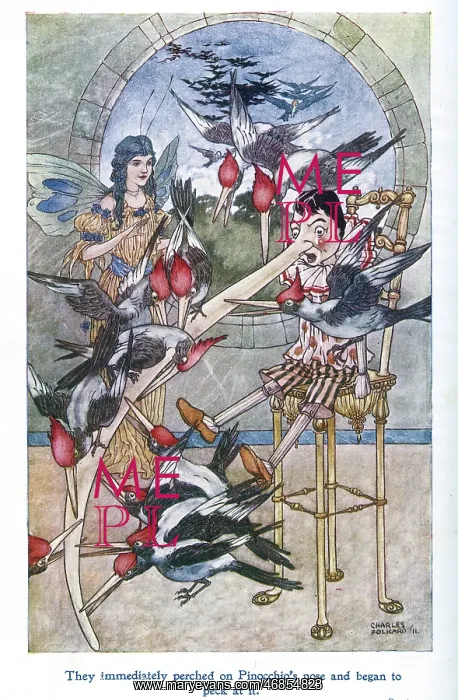 : Pinocchio -- birds pecking his nose : Pinocchio -- birds pecking his nose