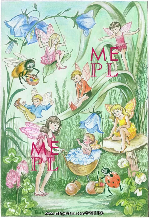 : Pixies and Fairies playing among bluebells : Pixies and Fairies playing among bluebells