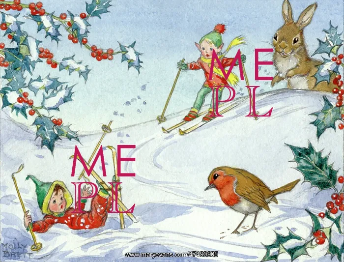 : Pixies skiing with robin and rabbit looking on : Pixies skiing with robin and rabbit looking on