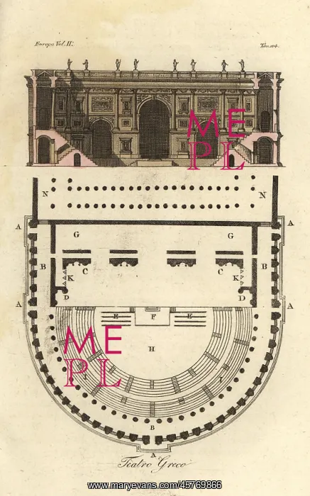 : Plan and elevation of an ancient Greek theater : Plan and elevation of an ancient Greek theater